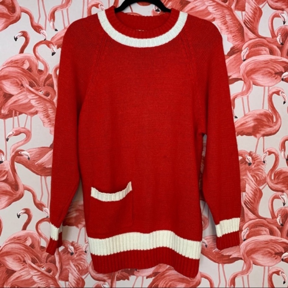 Vintage 80s Diane Von Furstenberg Red Tunic Sweater with Front Pocket Size Small